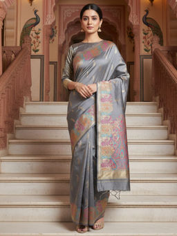Akhilam - Women Silk Blend Woven Grey Saree with Unstitched Blouse