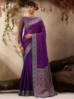 Akhilam - Women Silk Blend Purple Floral Saree with Unstitched Blouse