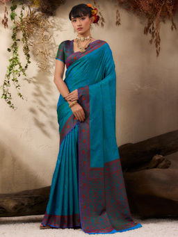Akhilam - Women Silk Blend Blue Floral Saree with Unstitched Blouse