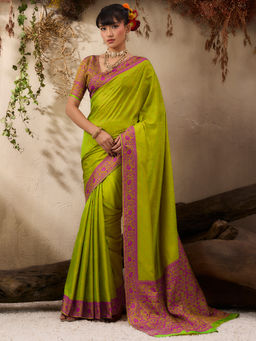 Akhilam - Women Silk Blend Green Floral Saree with Unstitched Blouse
