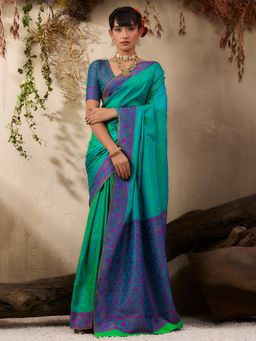 Akhilam - Women Silk Blend Teal Floral Saree with Unstitched Blouse