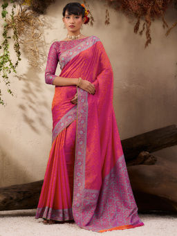 Akhilam - Women Silk Blend Pink Floral Saree with Unstitched Blouse