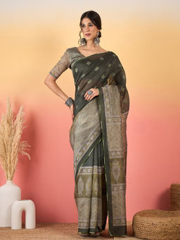 Akhilam - Women Silk Blend Olive Printed Saree with Unstitched Blouse