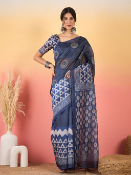 Akhilam - Women Silk Blend Indigo Printed Saree with Unstitched Blouse