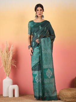 Akhilam - Women Silk Blend Printed Teal Saree with Unstitched Blouse