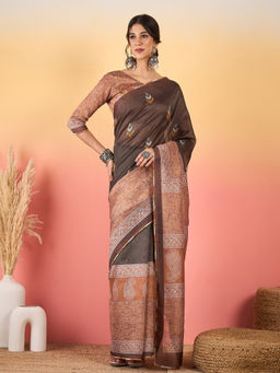 Akhilam - Women Silk Blend Rust Printed Saree with Unstitched Blouse