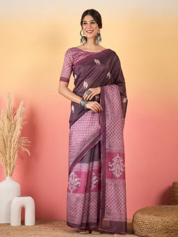 Akhilam - Women Silk Blend Mauve Printed Saree with Unstitched Blouse