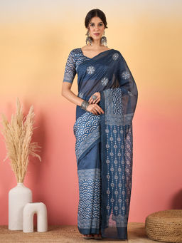 Akhilam - Women Silk Blend Teal Printed Saree with Unstitched Blouse