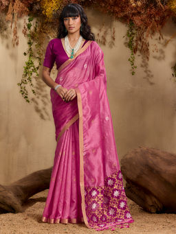 Akhilam - Women Pink Cotton Blend Woven Saree with Unstitched Blouse