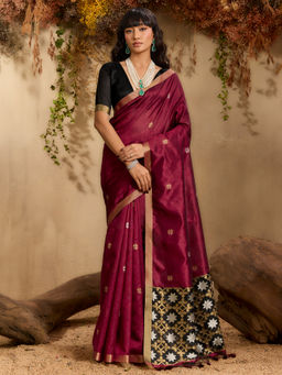 Akhilam - Women Maroon Woven Saree with Unstitched Blouse