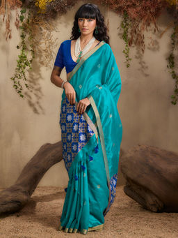 Akhilam - Women Cotton Blend Woven Blue Saree with Unstitched Blouse