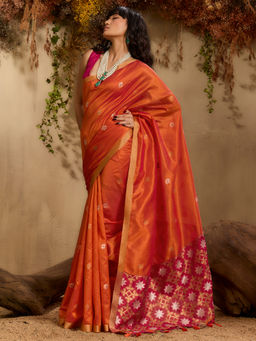 Akhilam - Women Cotton Blend Orange Woven Saree with Unstitched Blouse