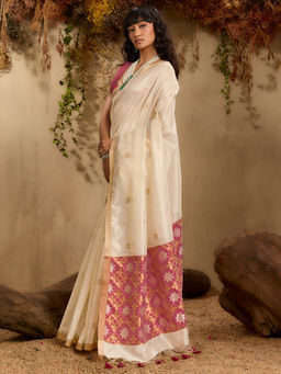 Akhilam - Women Off White Cotton Blend Woven Saree with Unstitched Blouse