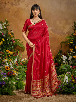 Akhilam - Women Cotton Blend Red Woven Saree with Unstitched Blouse