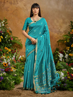Akhilam - Women Cotton Blend Blue Woven Saree with Unstitched Blouse