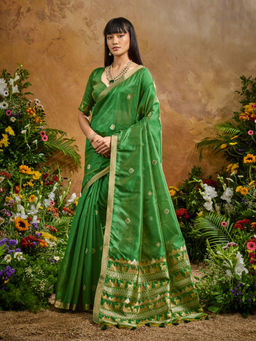 Akhilam - Women Green Cotton Blend Woven Saree with Unstitched Blouse