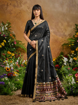 Akhilam - Women Cotton Blend Black Woven Saree with Unstitched Blouse