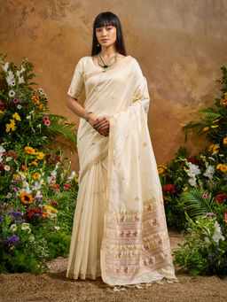 Akhilam - Women Cream Woven Cotton Blend Saree with Unstitched Blouse