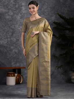 Akhilam - Women Silk Blend Woven Olive Saree with Unstitched Blouse