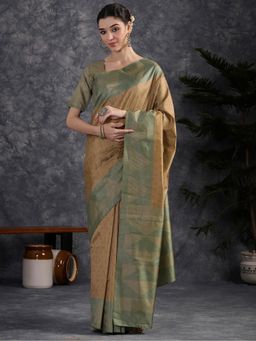 Akhilam - Women Silk Blend Olive Woven Saree with Unstitched Blouse