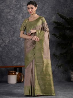 Akhilam - Women Silk Blend Green Woven Saree with Unstitched Blouse