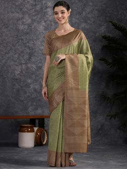 Akhilam - Women Green Silk Blend Woven Saree with Unstitched Blouse