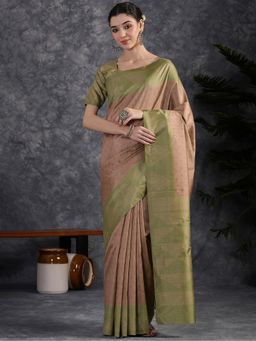 Akhilam - Women Silk Blend Woven Brown Saree with Unstitched Blouse