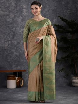 Akhilam - Women Brown Silk Blend Woven Saree with Unstitched Blouse