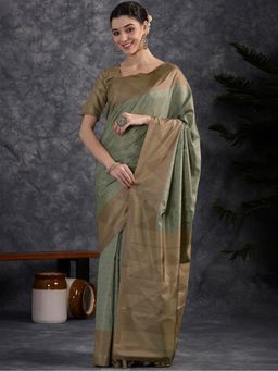 Akhilam - Women Silk Blend Woven Green Saree with Unstitched Blouse