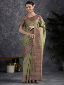 Akhilam - Women Silk Blend Olive Woven Saree with Unstitched Blouse