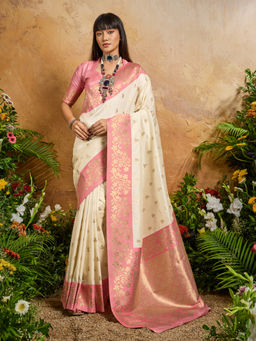 Akhilam - Women Cotton Blend Cream Woven Saree with Unstitched Blouse