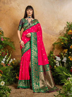 Akhilam - Women Cotton Blend Pink Woven Saree with Unstitched Blouse