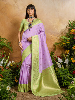 Akhilam - Women Cotton Blend Purple Woven Saree with Unstitched Blouse