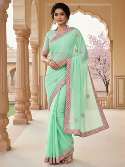 Akhilam - Women Georgette Green Embroidered Saree with Unstitched Blouse