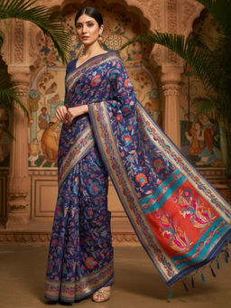 Akhilam - Women Modal Navy Blue Woven Saree with Unstitched Blouse