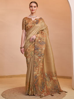 Akhilam - Women Organza Brown Printed Saree with Unstitched Blouse