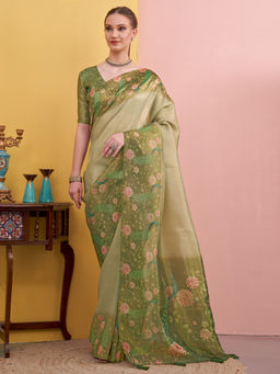 Akhilam - Women Organza Green Printed Saree with Unstitched Blouse