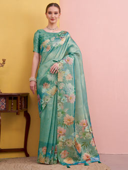 Akhilam - Women Organza Teal Printed Saree with Unstitched Blouse