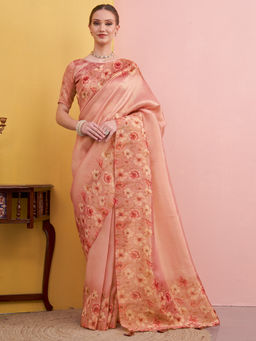 Akhilam - Women Organza Peach Printed Saree with Unstitched Blouse