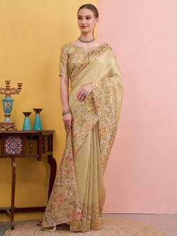 Akhilam - Women Organza Beige Printed Saree with Unstitched Blouse