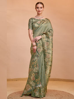 Akhilam - Women Organza Olive Printed Saree with Unstitched Blouse