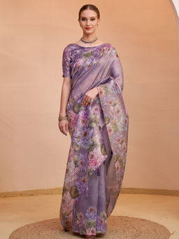 Akhilam - Women Organza Purple Printed Saree with Unstitched Blouse