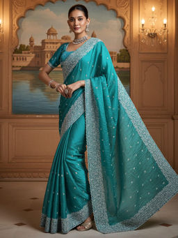 Akhilam - Women Chiffon Teal Embroidered Saree with Unstitched Blouse