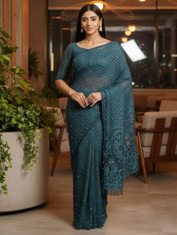 Akhilam - Women Net Teal Embroidered Saree with Unstitched Blouse