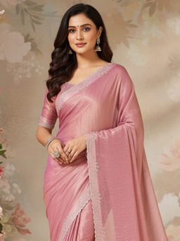 Akhilam - Women Chiffon Pink Embellished/Sequined Saree with Unstitched Blouse