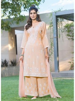 BulBul - Meher Rayon Chikankari Peach Kurta with Palazzo and Dupatta