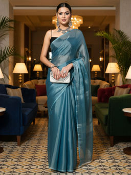 Akhilam - Women Organza Teal Stripes Saree with Unstitched Blouse