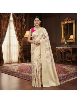 AMRUTKALA SAREES - Beige Kanjeevaram Silk Zari Handloom Saree With Unstitched Blouse