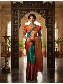 AMRUTKALA SAREES - Green Kanjeevaram Woven Handloom Saree With Unstitched Blouse