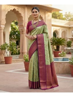 AMRUTKALA SAREES - Green Kanjeevaram Woven Zari Saree With Unstitched Blouse